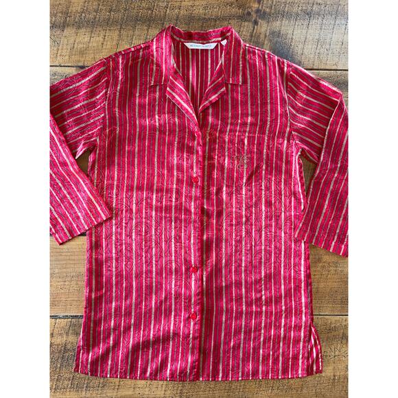 Womens Victorias Secret Red and Gold Striped‎ Sleep Satin Sleep Shirt Size Small - Picture 1 of 7